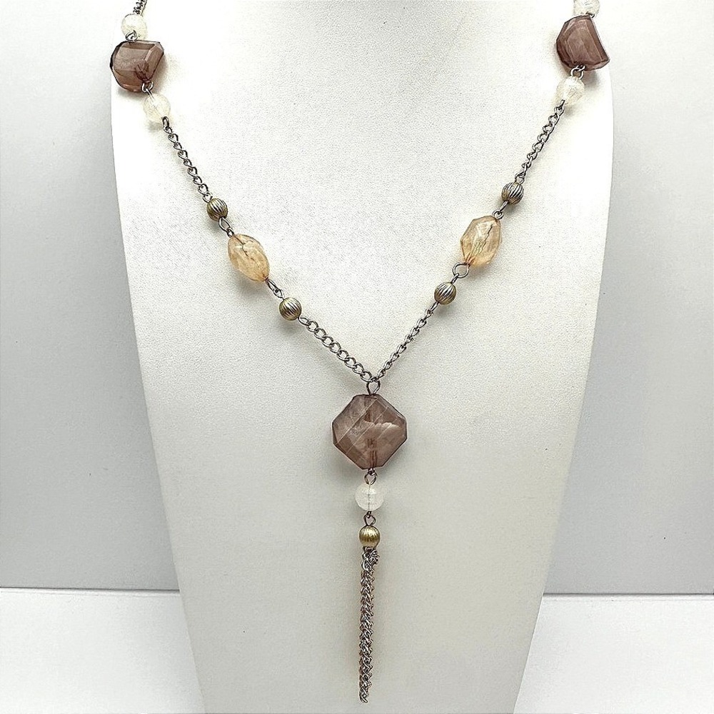 Vintage Y2K Gold Tone Long Tassel Necklace Smoky Amber Glass Bead Boho Jewelry